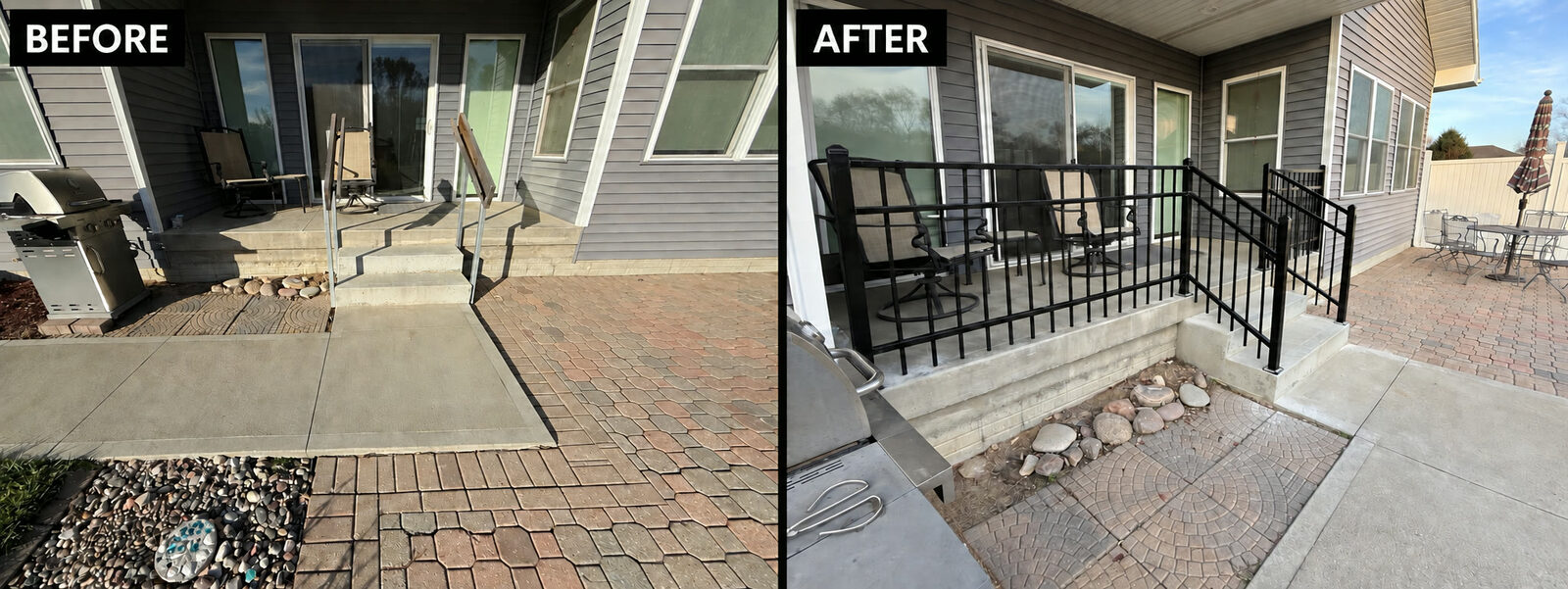 Before and after of welded handrails repaired by Bostwick Fencing & Iron in Siouxland