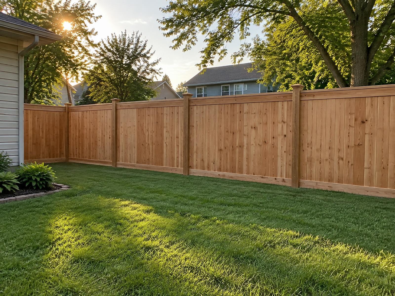 New cedar privacy fence installed along a back yard with straight, plumb posts